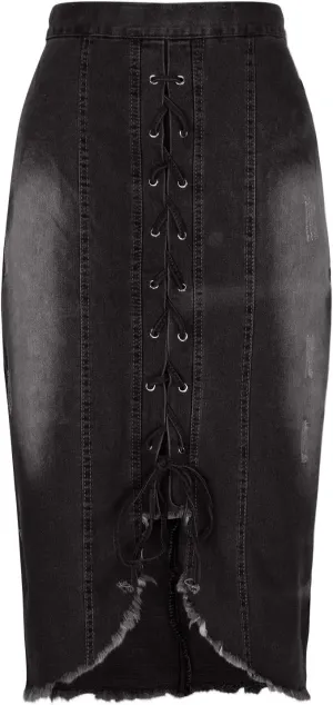 Women Lace-Up Front Split Denim Dressy High Waist Jean Pencil Skirts Fashion Distressed Raw Hem Slim Fit Midi Skirt