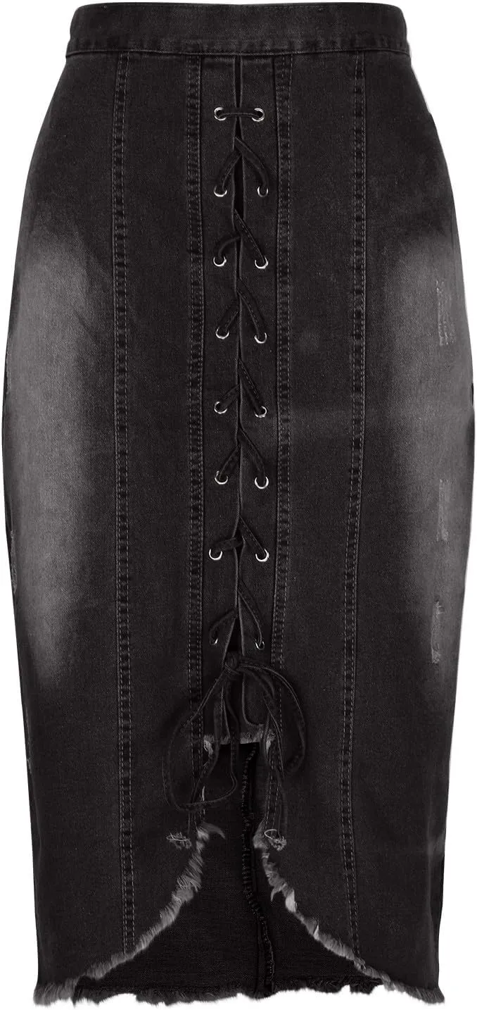 Women Lace-Up Front Split Denim Dressy High Waist Jean Pencil Skirts Fashion Distressed Raw Hem Slim Fit Midi Skirt