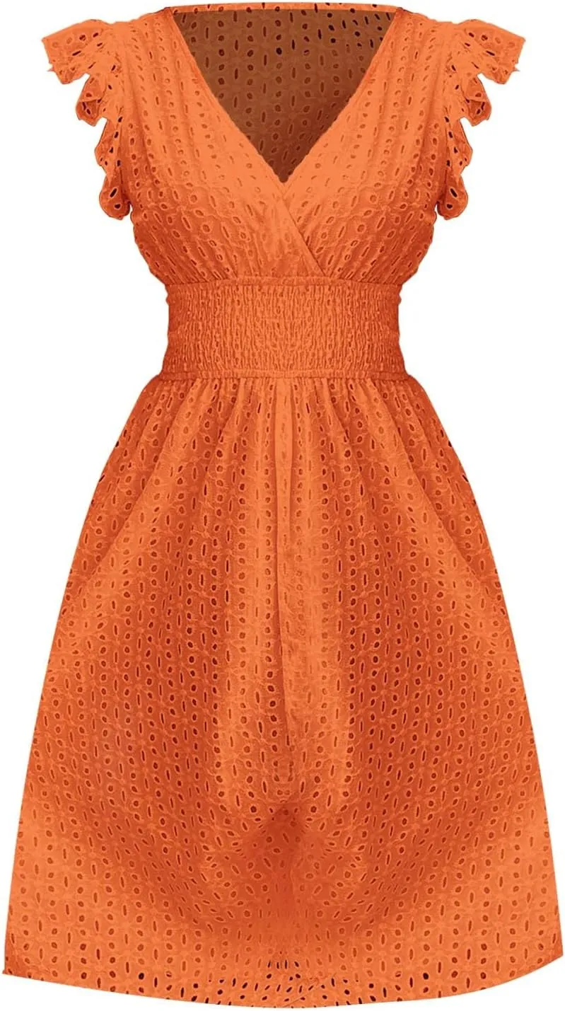 Women Summer Dresses Cap Sleeve Babydoll Eyelet Ruffle V Neck Mini Dress Plus Size Casual Loose Sundress with Pockets