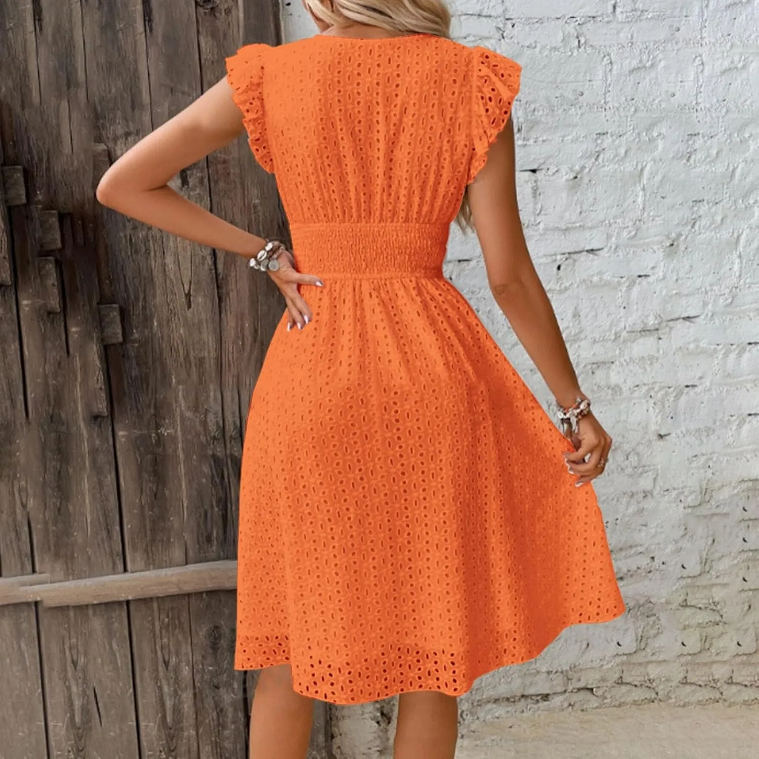 Women Summer Dresses Cap Sleeve Babydoll Eyelet Ruffle V Neck Mini Dress Plus Size Casual Loose Sundress with Pockets