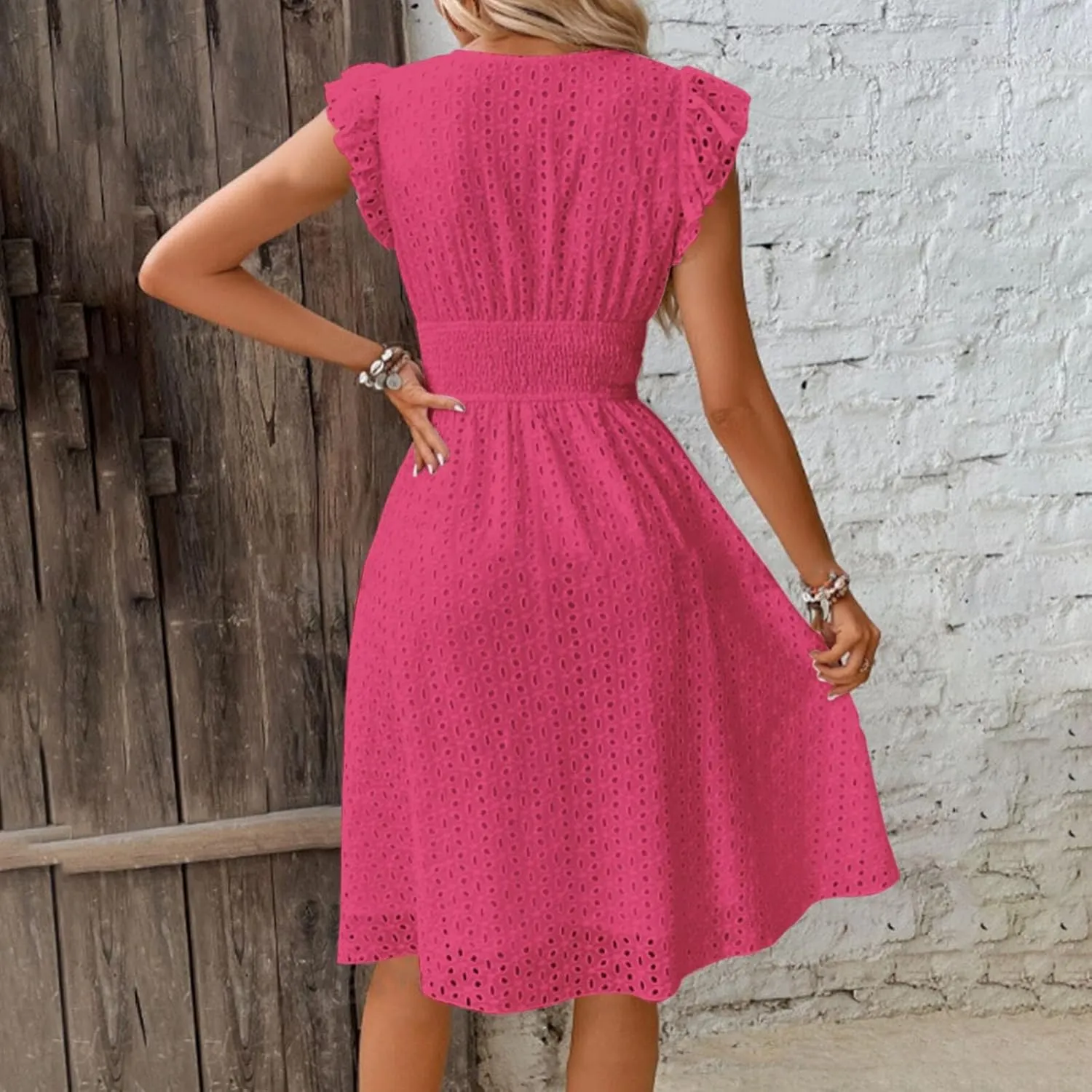 Women Summer Dresses Cap Sleeve Babydoll Eyelet Ruffle V Neck Mini Dress Plus Size Casual Loose Sundress with Pockets