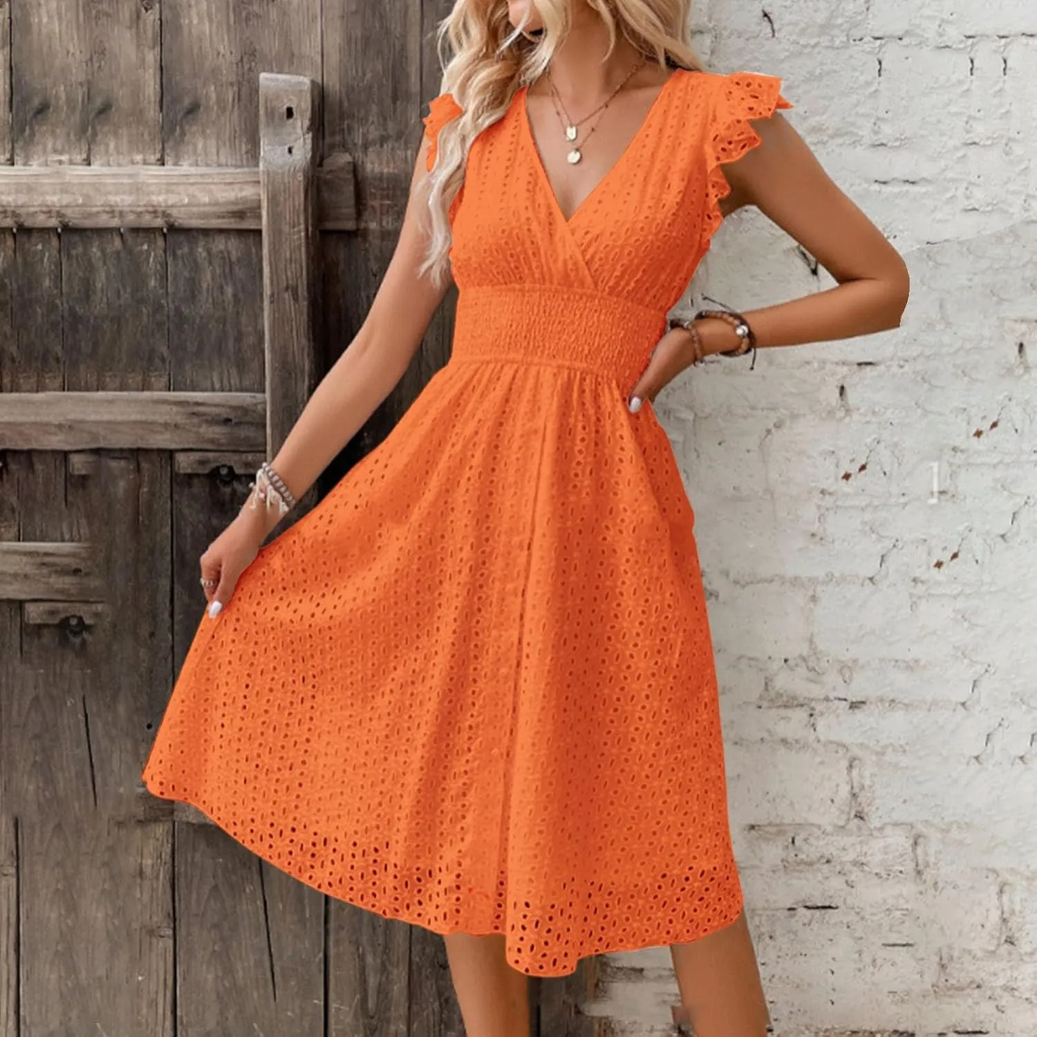 Women Summer Dresses Cap Sleeve Babydoll Eyelet Ruffle V Neck Mini Dress Plus Size Casual Loose Sundress with Pockets