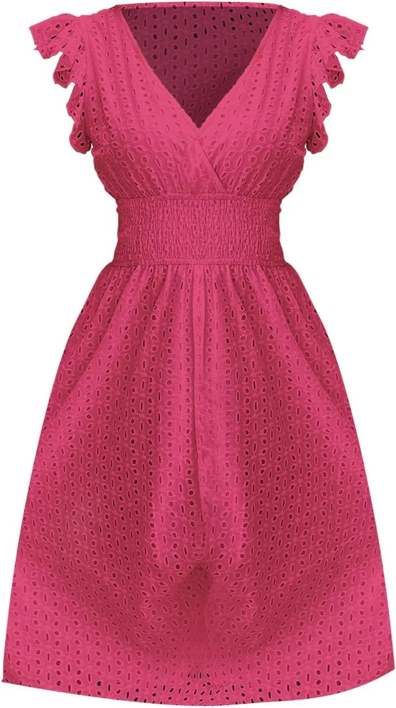 Women Summer Dresses Cap Sleeve Babydoll Eyelet Ruffle V Neck Mini Dress Plus Size Casual Loose Sundress with Pockets
