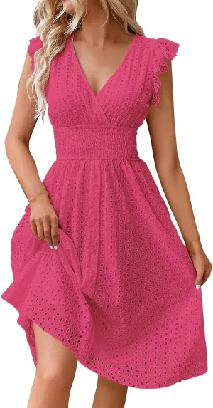 Women Summer Dresses Cap Sleeve Babydoll Eyelet Ruffle V Neck Mini Dress Plus Size Casual Loose Sundress with Pockets