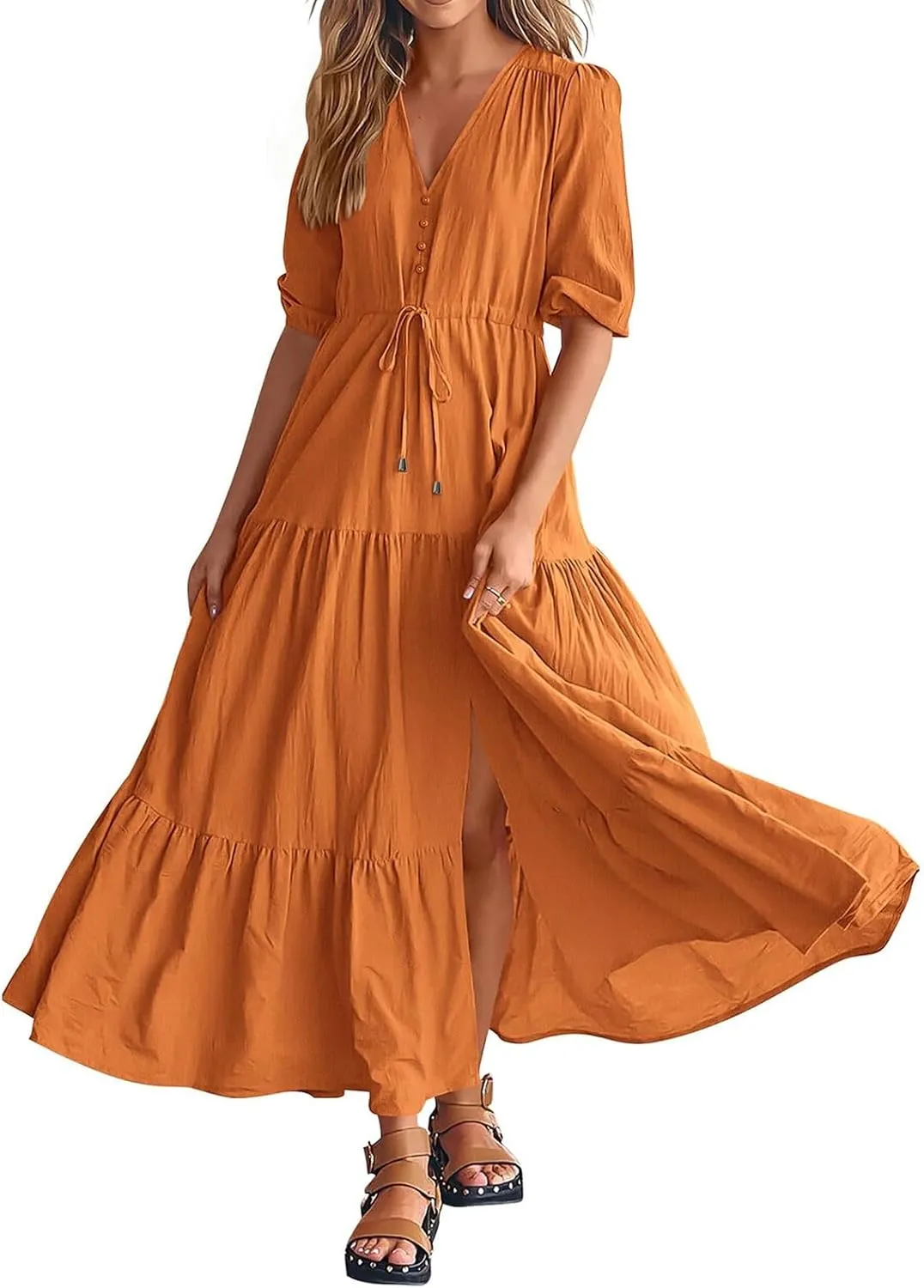 Women Summer Dresses Short Sleeves V Neck Button Drawstring Maxi Dresses Solid Color Boho Long Dresses Lace Cap
