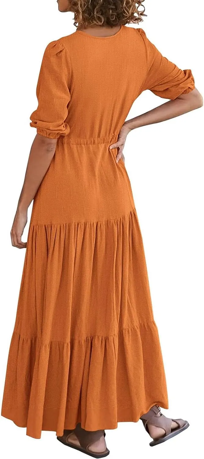 Women Summer Dresses Short Sleeves V Neck Button Drawstring Maxi Dresses Solid Color Boho Long Dresses Lace Cap