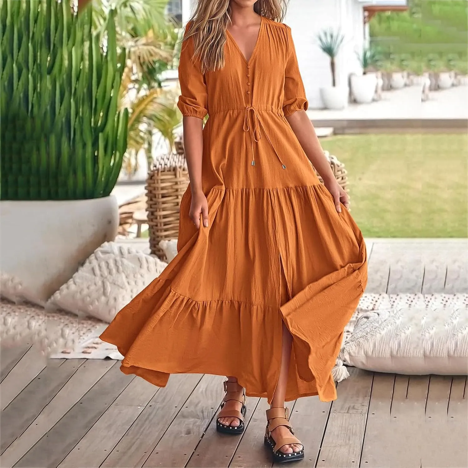 Women Summer Dresses Short Sleeves V Neck Button Drawstring Maxi Dresses Solid Color Boho Long Dresses Lace Cap