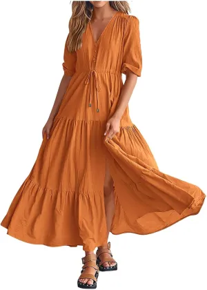 Women Summer Dresses Short Sleeves V Neck Button Drawstring Maxi Dresses Solid Color Boho Long Dresses Lace Cap