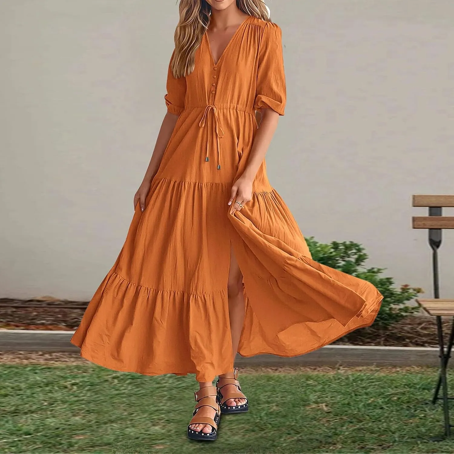 Women Summer Dresses Short Sleeves V Neck Button Drawstring Maxi Dresses Solid Color Boho Long Dresses Lace Cap