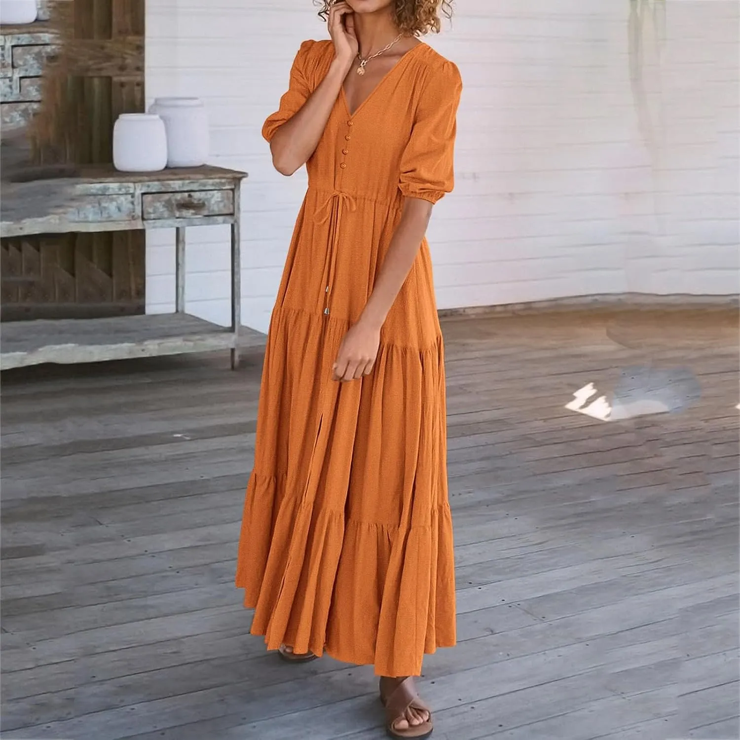 Women Summer Dresses Short Sleeves V Neck Button Drawstring Maxi Dresses Solid Color Boho Long Dresses Lace Cap