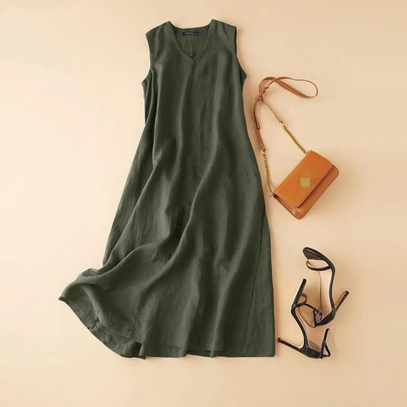 Women Summer Maxi Dress Cotton Linen V Neck Sleeveless Sun Dress Casual Vacation Flowy Beach Long Shift Tank Dress