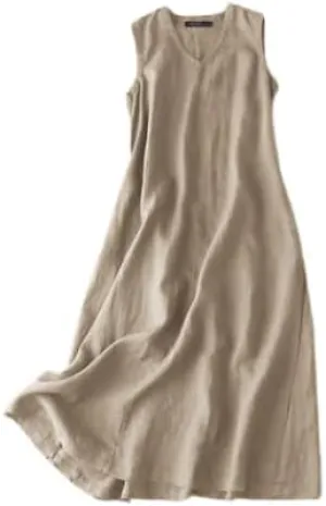 Women Summer Maxi Dress Cotton Linen V Neck Sleeveless Sun Dress Casual Vacation Flowy Beach Long Shift Tank Dress