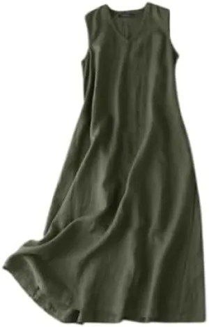 Women Summer Maxi Dress Cotton Linen V Neck Sleeveless Sun Dress Casual Vacation Flowy Beach Long Shift Tank Dress