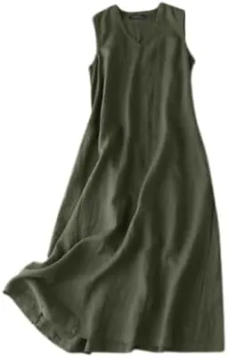 Women Summer Maxi Dress Cotton Linen V Neck Sleeveless Sun Dress Casual Vacation Flowy Beach Long Shift Tank Dress