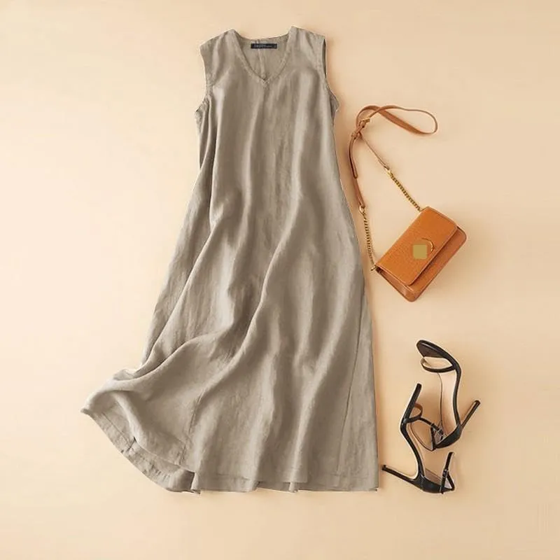 Women Summer Maxi Dress Cotton Linen V Neck Sleeveless Sun Dress Casual Vacation Flowy Beach Long Shift Tank Dress