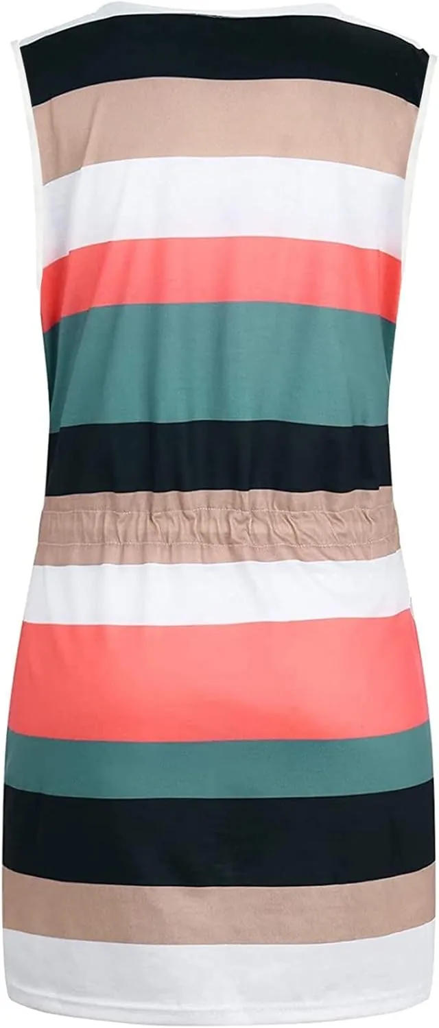 Women Summer Striped Dress Casual Sleeveless Halter Strap Drawstring Sundresses 2025 Flowy Boho Dress with Pockets