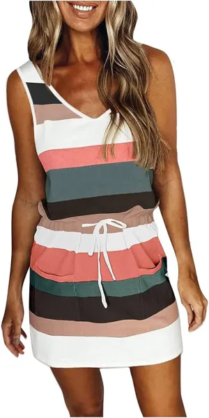 Women Summer Striped Dress Casual Sleeveless Halter Strap Drawstring Sundresses 2025 Flowy Boho Dress with Pockets