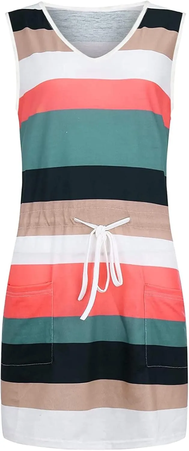 Women Summer Striped Dress Casual Sleeveless Halter Strap Drawstring Sundresses 2025 Flowy Boho Dress with Pockets