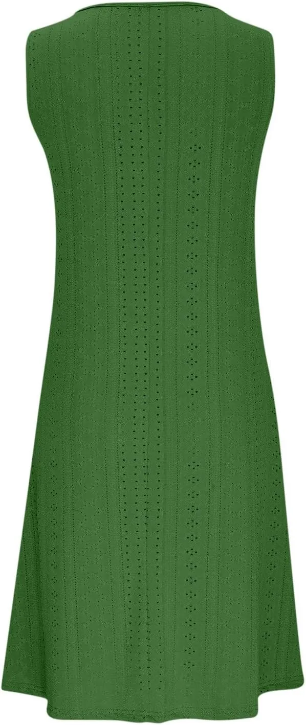 Women V Neck Eyelet Dresses Sleeveless Knee Length Tank Dress 2025 Summer Casual Tunic Sun Dress Vacation Beach Dress