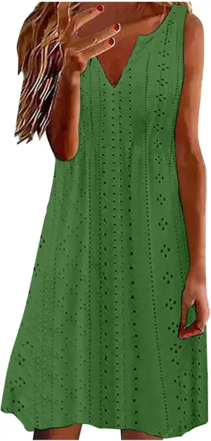 Women V Neck Eyelet Dresses Sleeveless Knee Length Tank Dress 2025 Summer Casual Tunic Sun Dress Vacation Beach Dress