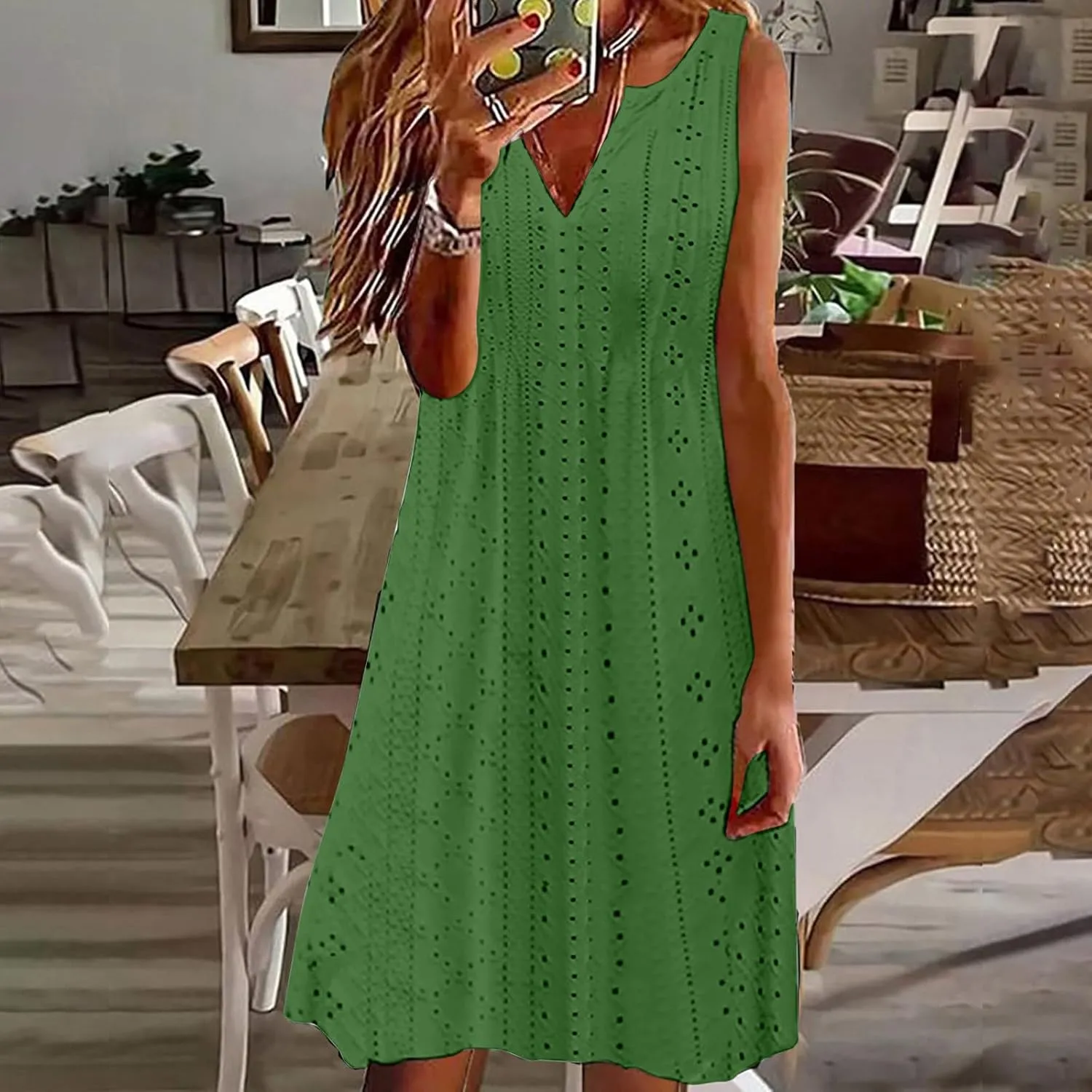Women V Neck Eyelet Dresses Sleeveless Knee Length Tank Dress 2025 Summer Casual Tunic Sun Dress Vacation Beach Dress