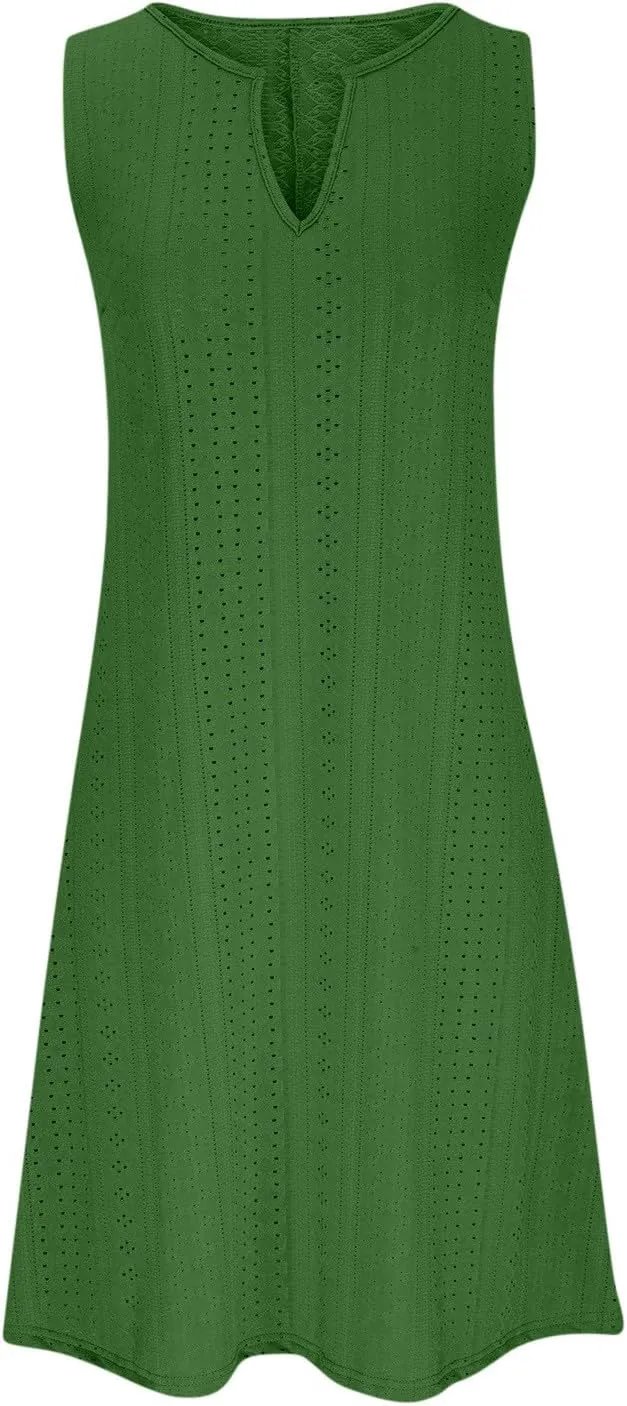 Women V Neck Eyelet Dresses Sleeveless Knee Length Tank Dress 2025 Summer Casual Tunic Sun Dress Vacation Beach Dress