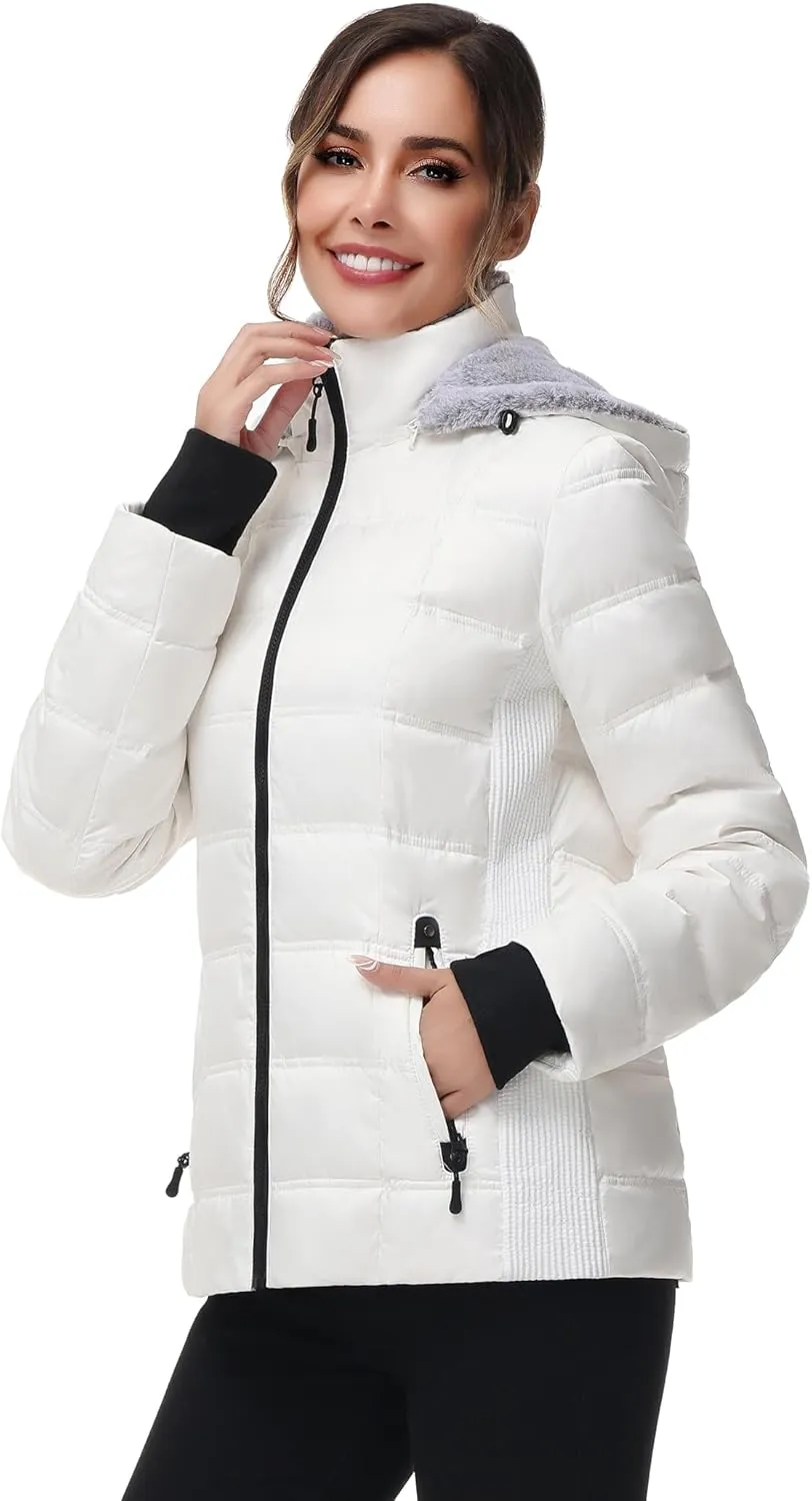 Women Warm Winter Down Puffer Jacket-Hooded Winter Puffer Coat for Women with Faux Fur Lined Hood and Collar