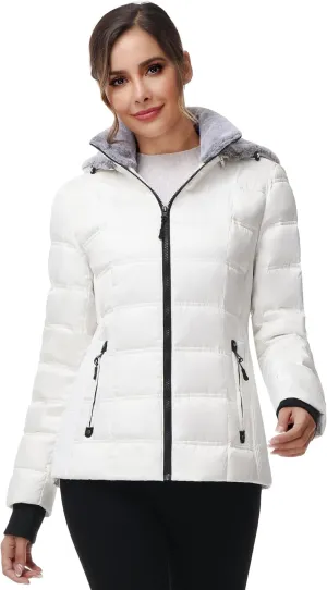 Women Warm Winter Down Puffer Jacket-Hooded Winter Puffer Coat for Women with Faux Fur Lined Hood and Collar