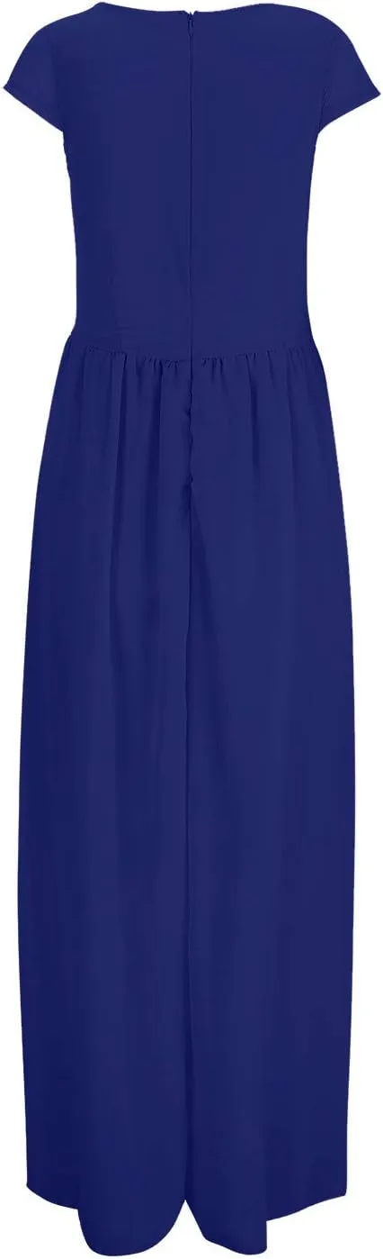 Women's 2024 Summer Casual Short Sleeve V Neck Smocked Elastic Waist Chiffon Evening Dress