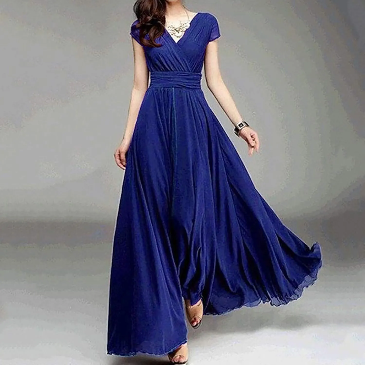 Women's 2024 Summer Casual Short Sleeve V Neck Smocked Elastic Waist Chiffon Evening Dress