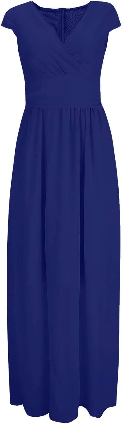 Women's 2024 Summer Casual Short Sleeve V Neck Smocked Elastic Waist Chiffon Evening Dress