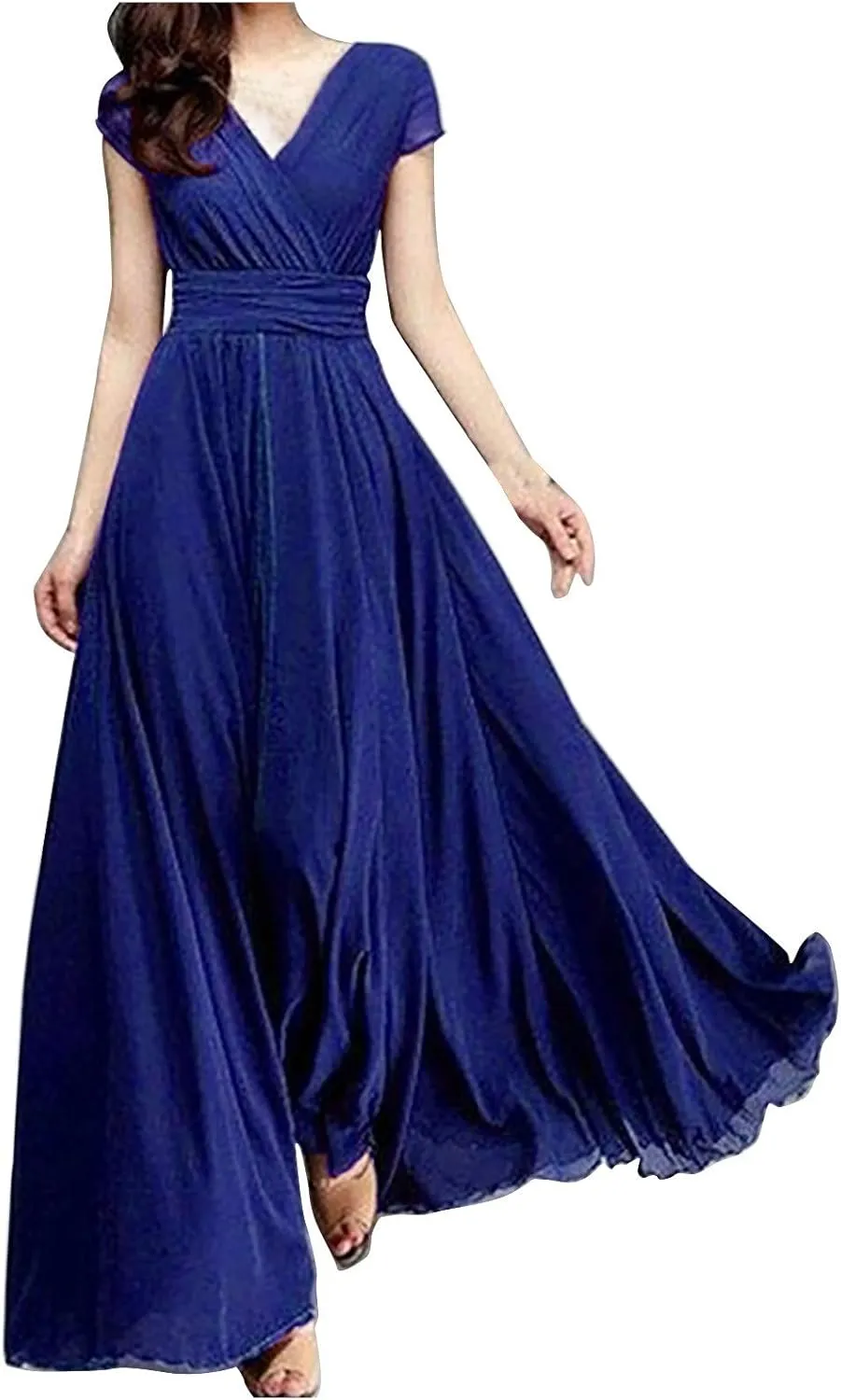Women's 2024 Summer Casual Short Sleeve V Neck Smocked Elastic Waist Chiffon Evening Dress