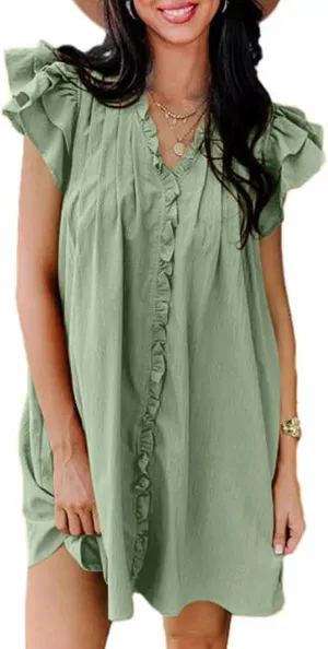 Womens 2024 Summer T-Shirts Dresses Casual V-Neck Ruffle Cap Short Sleeve Mini Dress Loose Pleated Beach Sundress