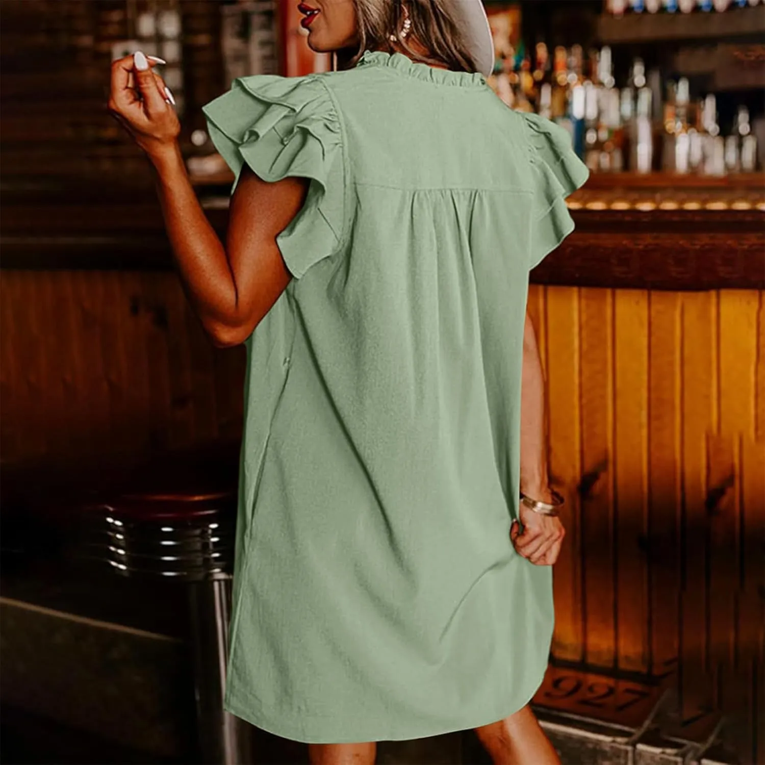 Womens 2024 Summer T-Shirts Dresses Casual V-Neck Ruffle Cap Short Sleeve Mini Dress Loose Pleated Beach Sundress