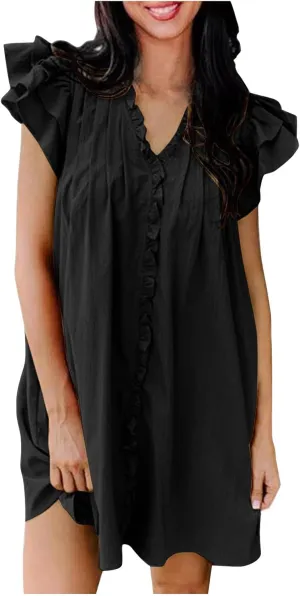 Womens 2024 Summer T-Shirts Dresses Casual V-Neck Ruffle Cap Short Sleeve Mini Dress Loose Pleated Beach Sundress