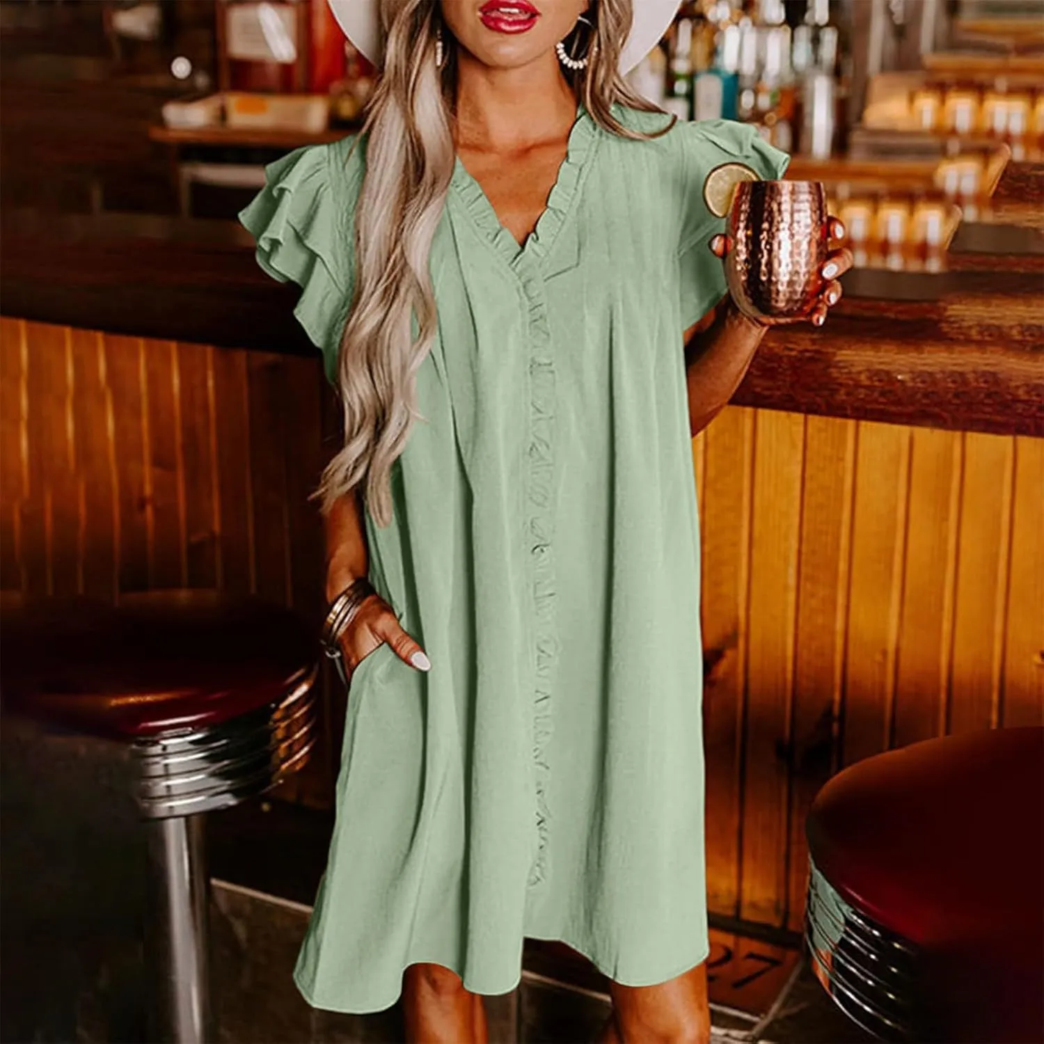 Womens 2024 Summer T-Shirts Dresses Casual V-Neck Ruffle Cap Short Sleeve Mini Dress Loose Pleated Beach Sundress