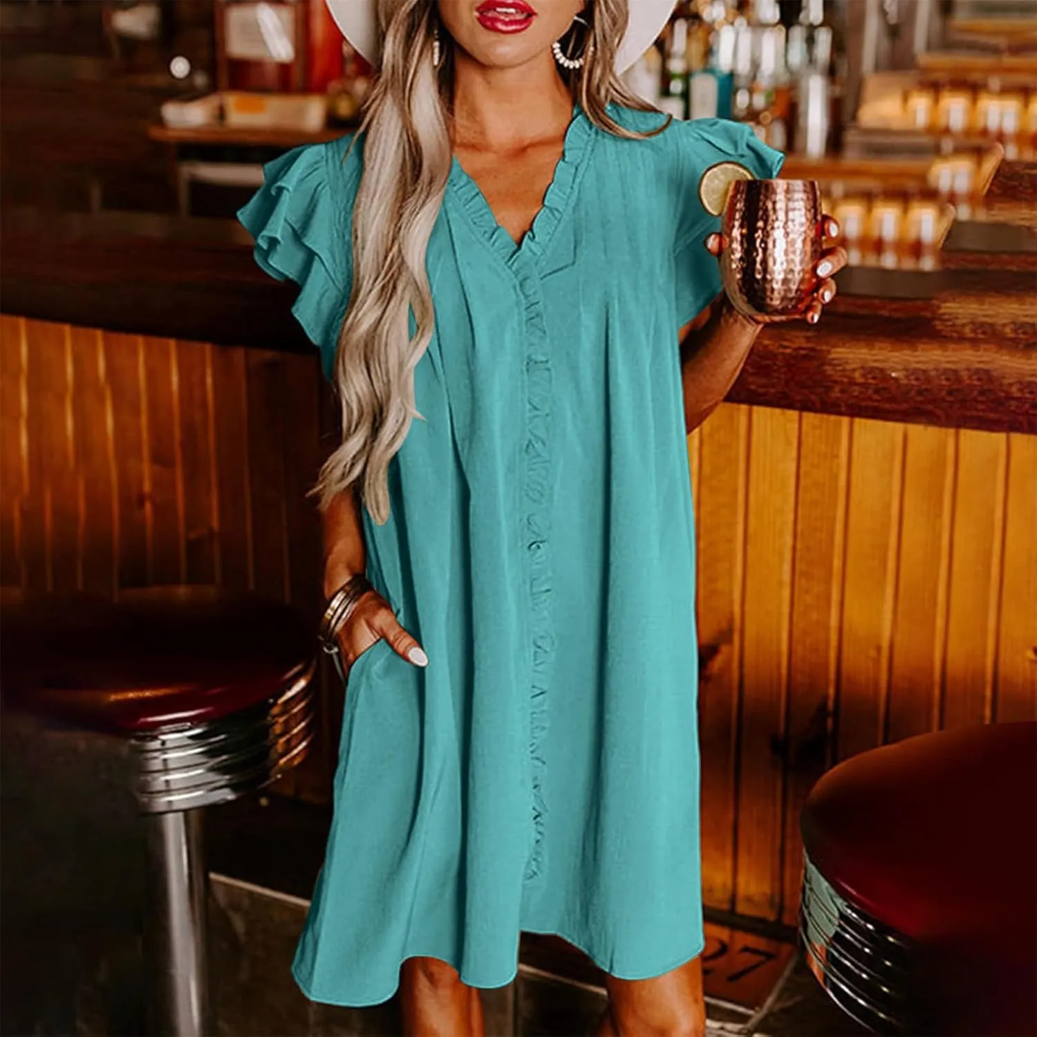 Womens 2024 Summer Tshirt Dresses Casual V-Neck Ruffle Cap Short Sleeve Mini Dress Loose Pleated Beach Sundress