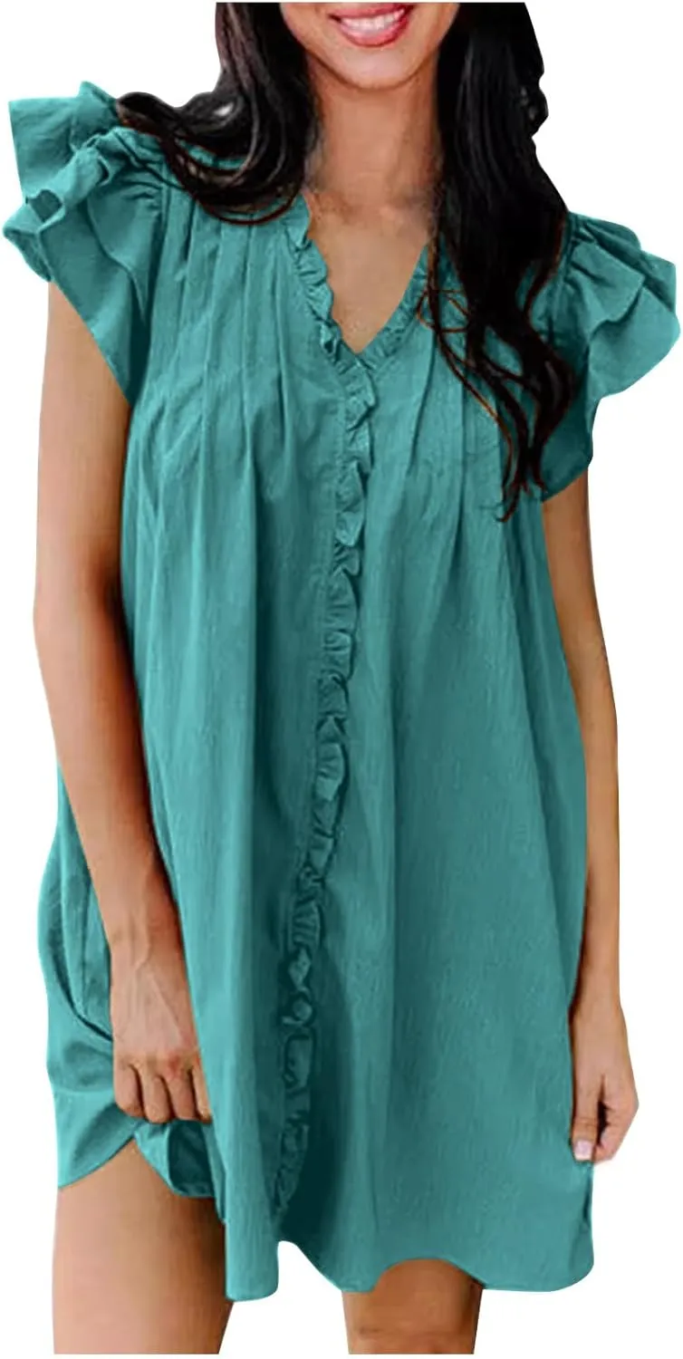 Womens 2024 Summer Tshirt Dresses Casual V-Neck Ruffle Cap Short Sleeve Mini Dress Loose Pleated Beach Sundress