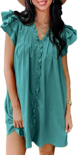 Womens 2024 Summer Tshirt Dresses Casual V-Neck Ruffle Cap Short Sleeve Mini Dress Loose Pleated Beach Sundress