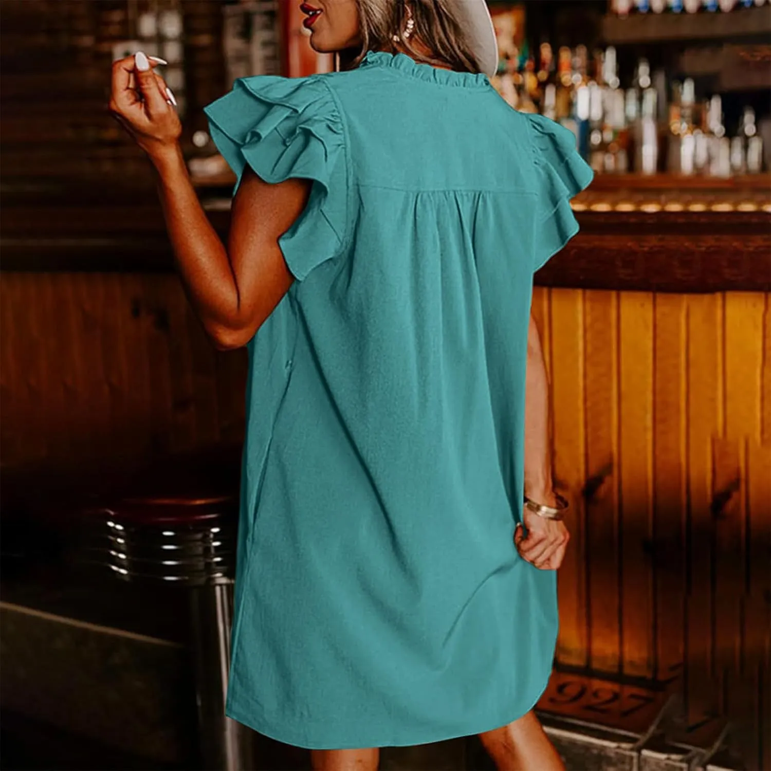 Womens 2024 Summer Tshirt Dresses Casual V-Neck Ruffle Cap Short Sleeve Mini Dress Loose Pleated Beach Sundress