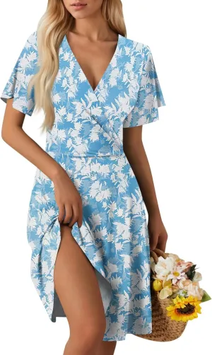 Womens 2025 Floral V-Neck Maxi Dresses Sexy Deep Cut Summer Dress Casual Beach Sundress for Vacation Garden Parties