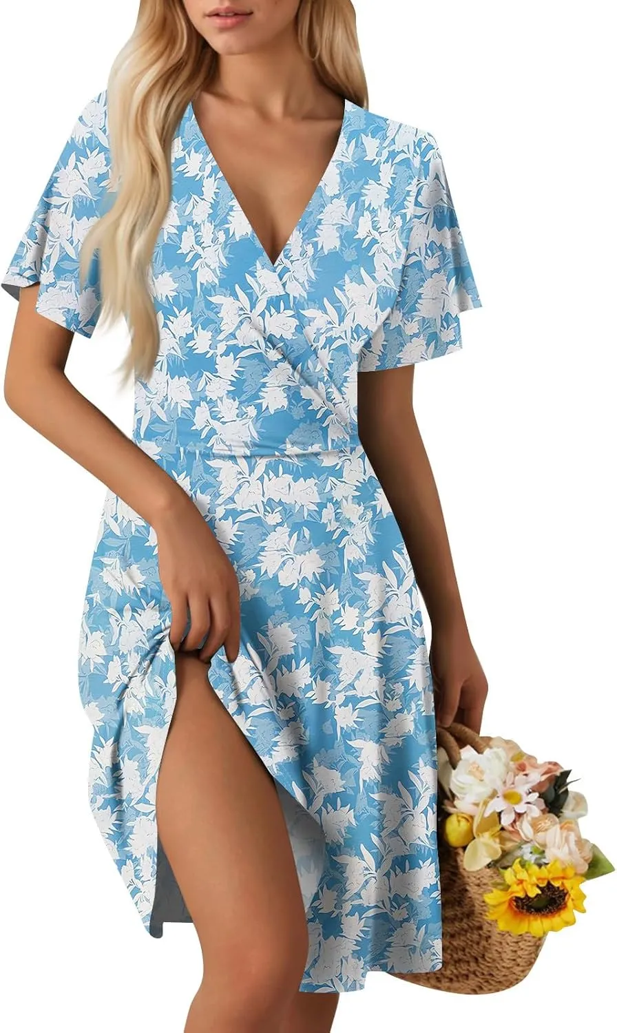 Womens 2025 Floral V-Neck Maxi Dresses Sexy Deep Cut Summer Dress Casual Beach Sundress for Vacation Garden Parties
