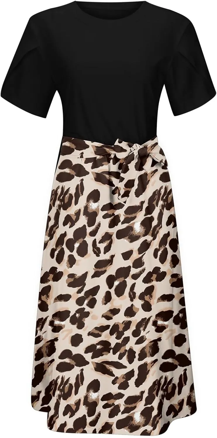 Womens 2025 Summer Casual Crew Neck Boho Midi Dress Flowy Bow Tie A-line Short Sleeve Floral Print Dresses Plus Size