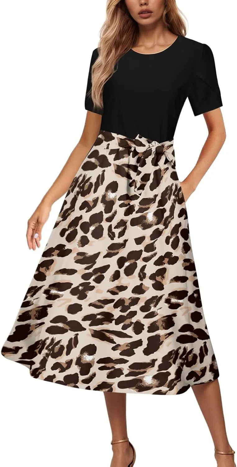Womens 2025 Summer Casual Crew Neck Boho Midi Dress Flowy Bow Tie A-line Short Sleeve Floral Print Dresses Plus Size
