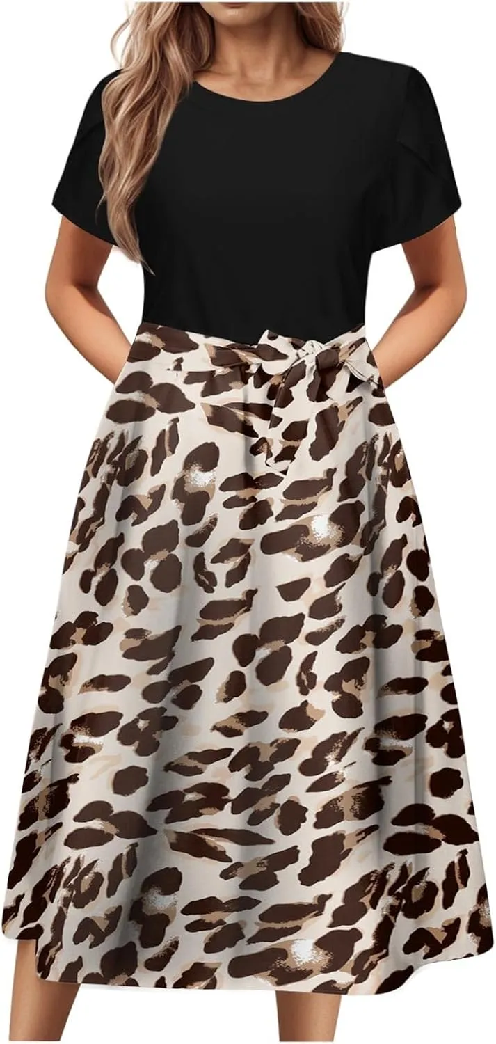 Womens 2025 Summer Casual Crew Neck Boho Midi Dress Flowy Bow Tie A-line Short Sleeve Floral Print Dresses Plus Size