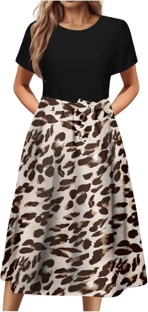 Womens 2025 Summer Casual Crew Neck Boho Midi Dress Flowy Bow Tie A-line Short Sleeve Floral Print Dresses Plus Size