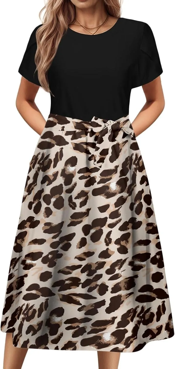 Womens 2025 Summer Casual Crew Neck Boho Midi Dress Flowy Bow Tie A-line Short Sleeve Floral Print Dresses Plus Size