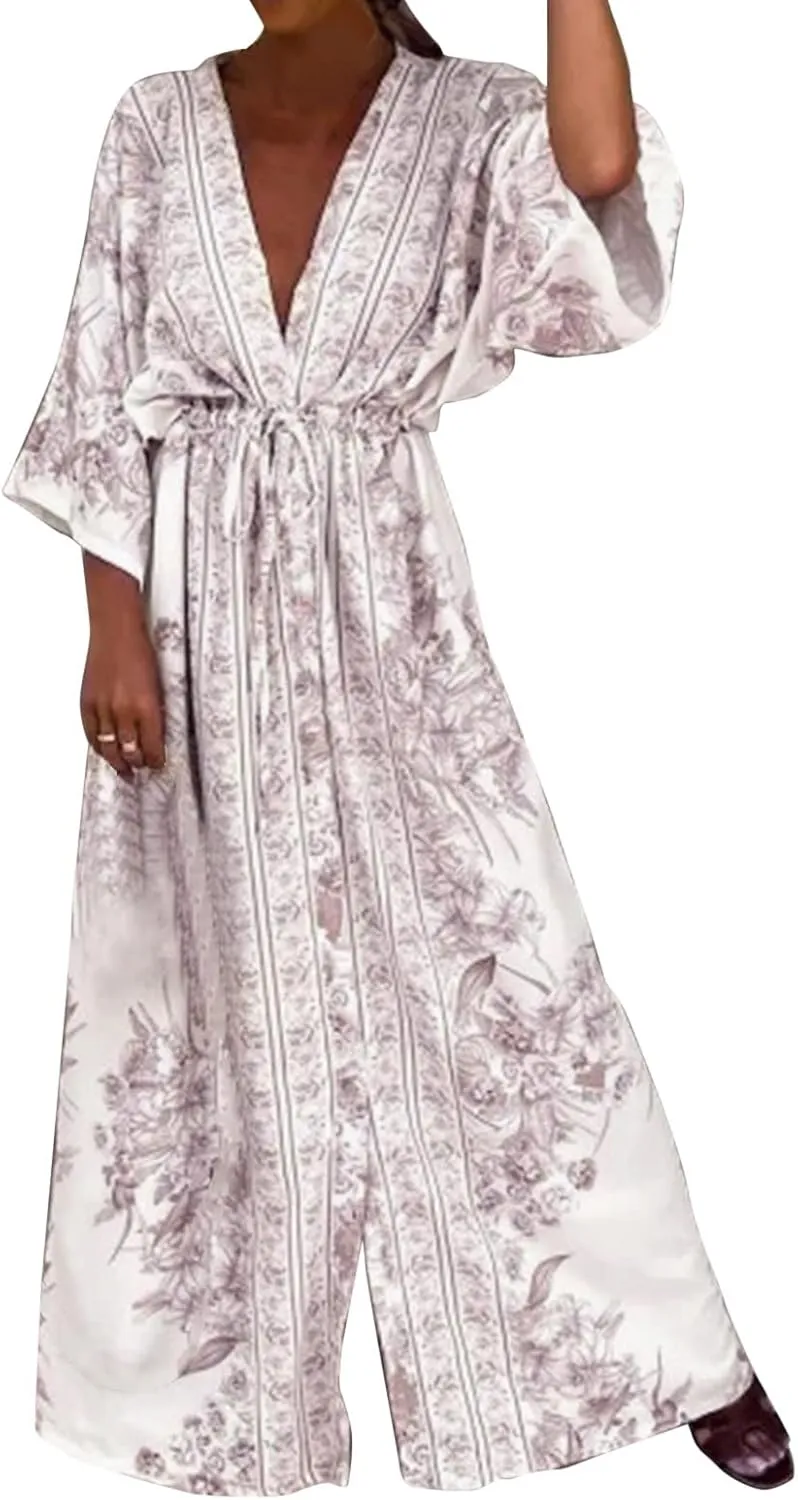 Women's 2025 Summer Floral Dress Casual Sleeveless V Neck Shoulder Cotton Linen Loose Fit Split Maxi Dresses