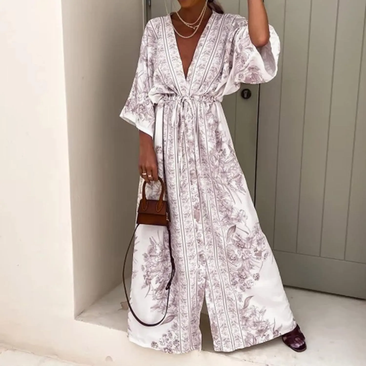 Women's 2025 Summer Floral Dress Casual Sleeveless V Neck Shoulder Cotton Linen Loose Fit Split Maxi Dresses