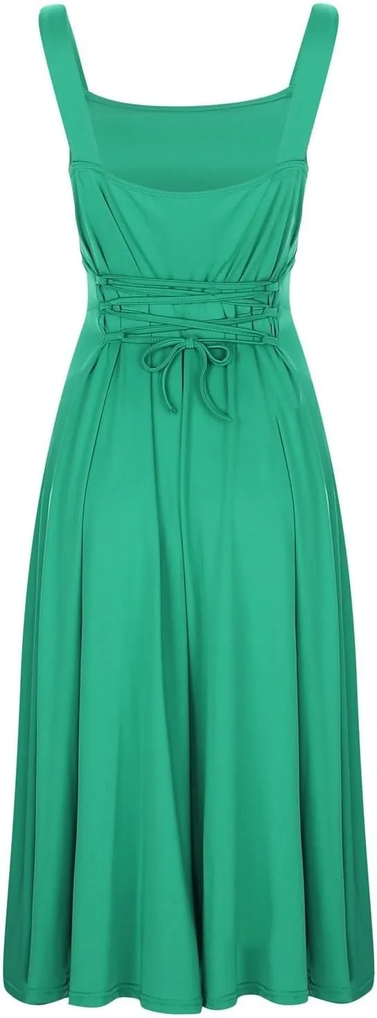 Women's 2025 Sun Dresses Women Summer Casual Flowy U Neck Maxi Dress Backless Drawstring Beach Long Dresses Midi Tank Dress